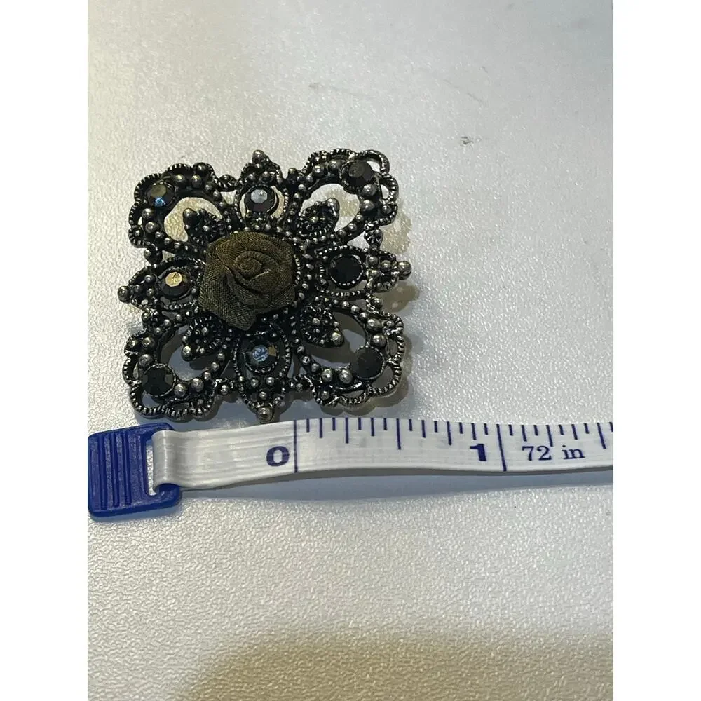 Vintage Silver Rhinestone Brooch with Olive Green Rose|Intricate Floral Pin|EUC